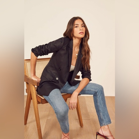 NWT Reformation Rae Linen Double Breasted Blazer in Black